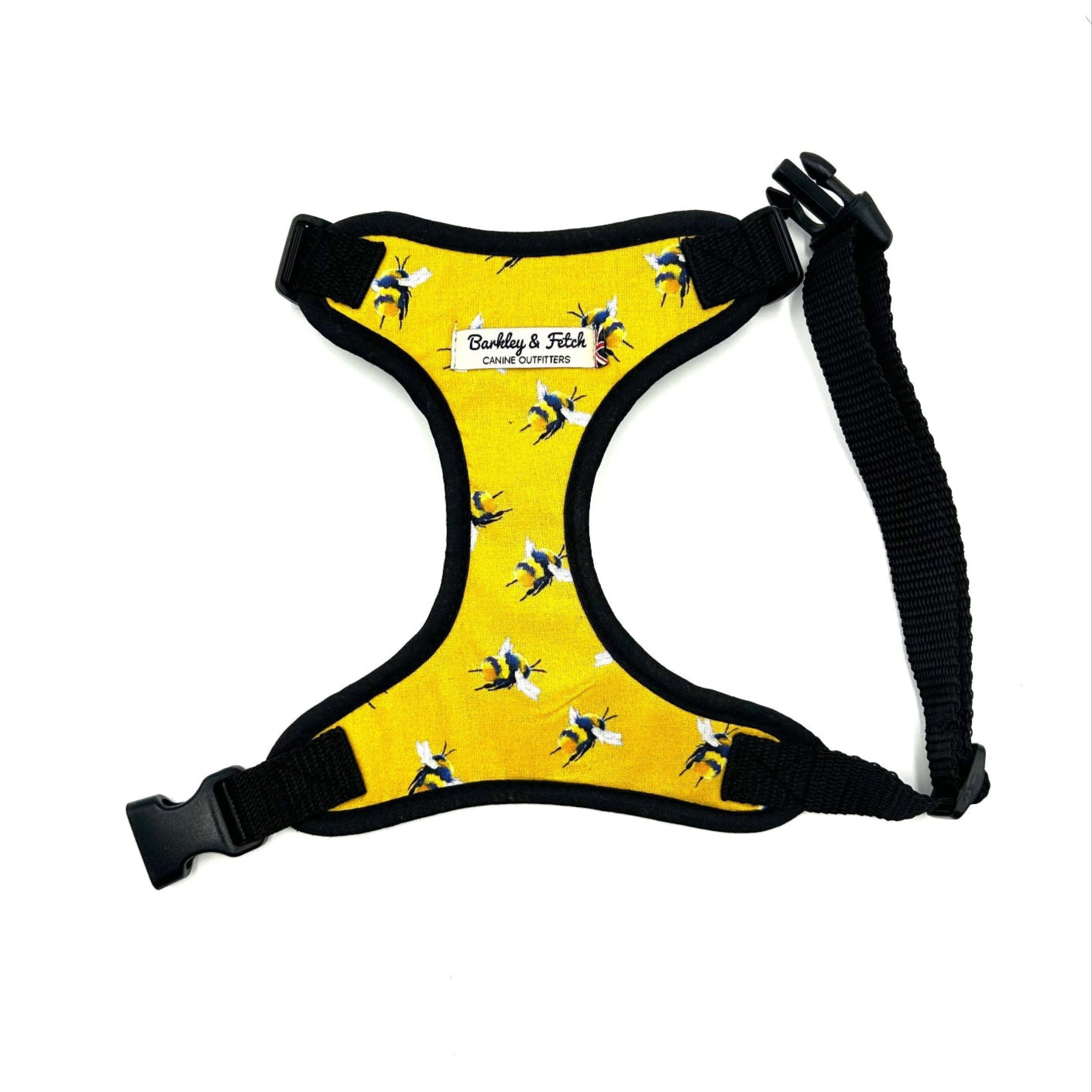 Beautifully made yellow bee print soft harness with black trims for dogs