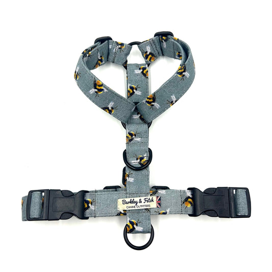 Handmade grey and yellow bee print strap harness for dogs