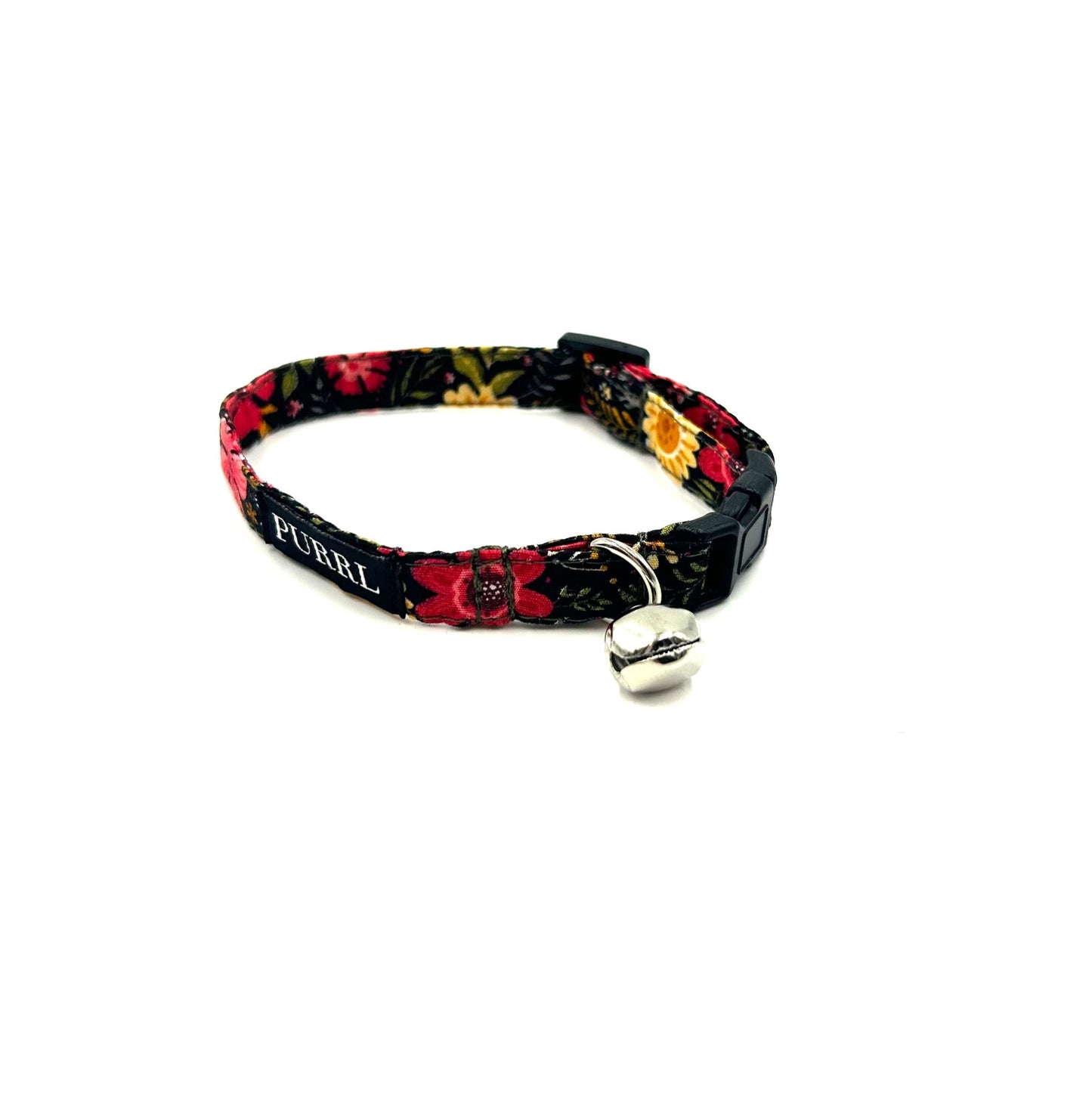 Beautifully made black ditsy floral cat collar with bell, a bandana and a bowtie