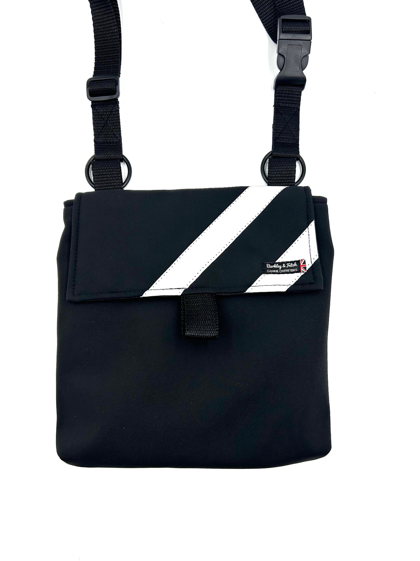 Handy black soft-shell fabric shoulder bag for dog walking with reflective stripe and hi-vis lining