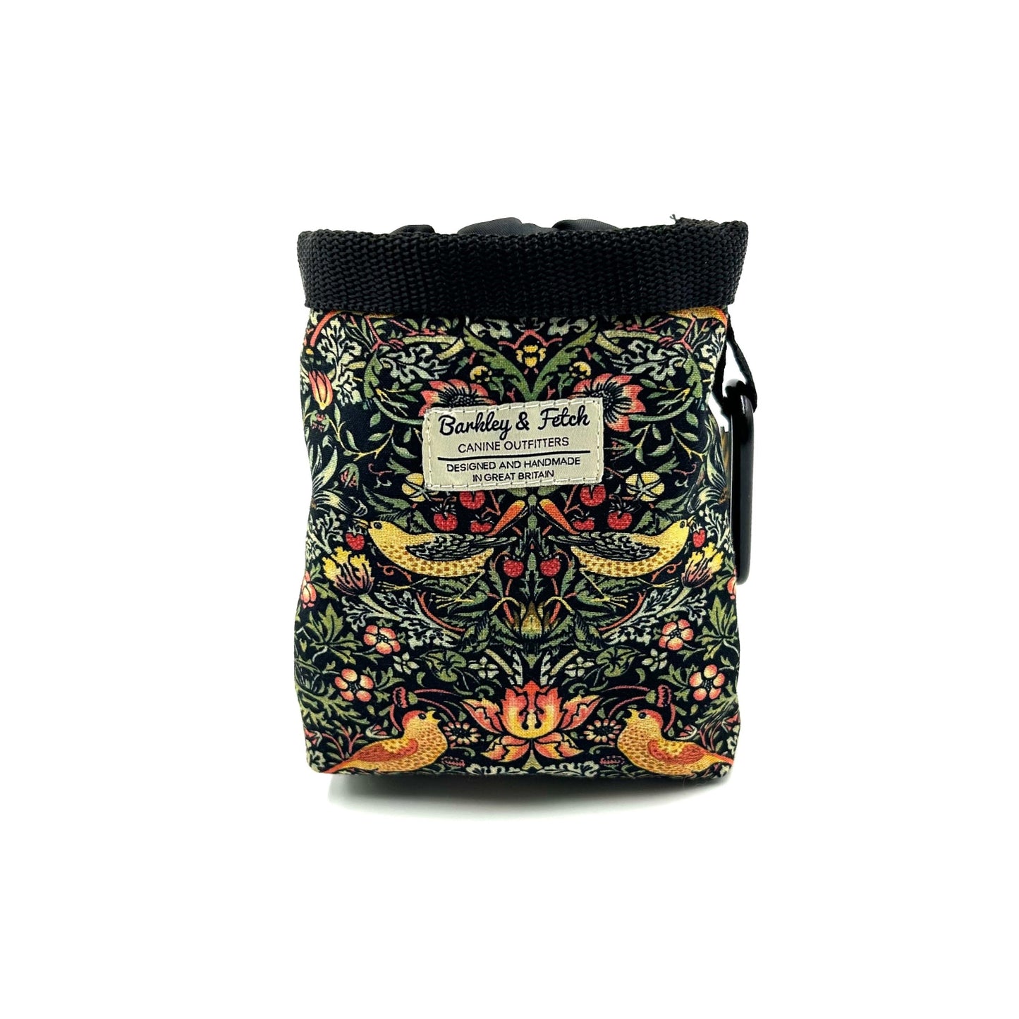 Handmade William Morris print treat bag with drawstring and attachable clip