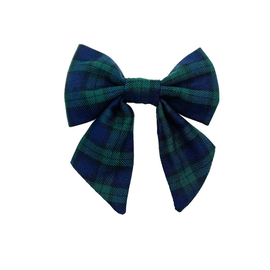 Stylish sailor bow in blue and green tartan fabric made to attach to a dog collar handmade in uk by barkley and fetch