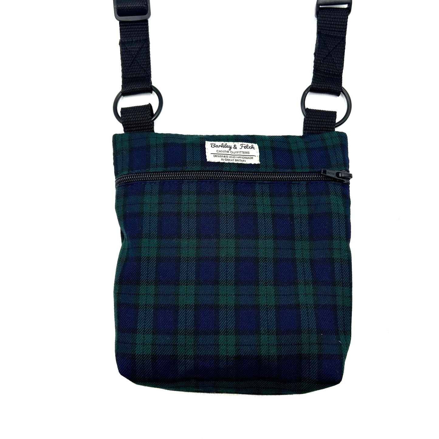Stylish black watch blue and green tartan shoulder bag for dog walking with black straps