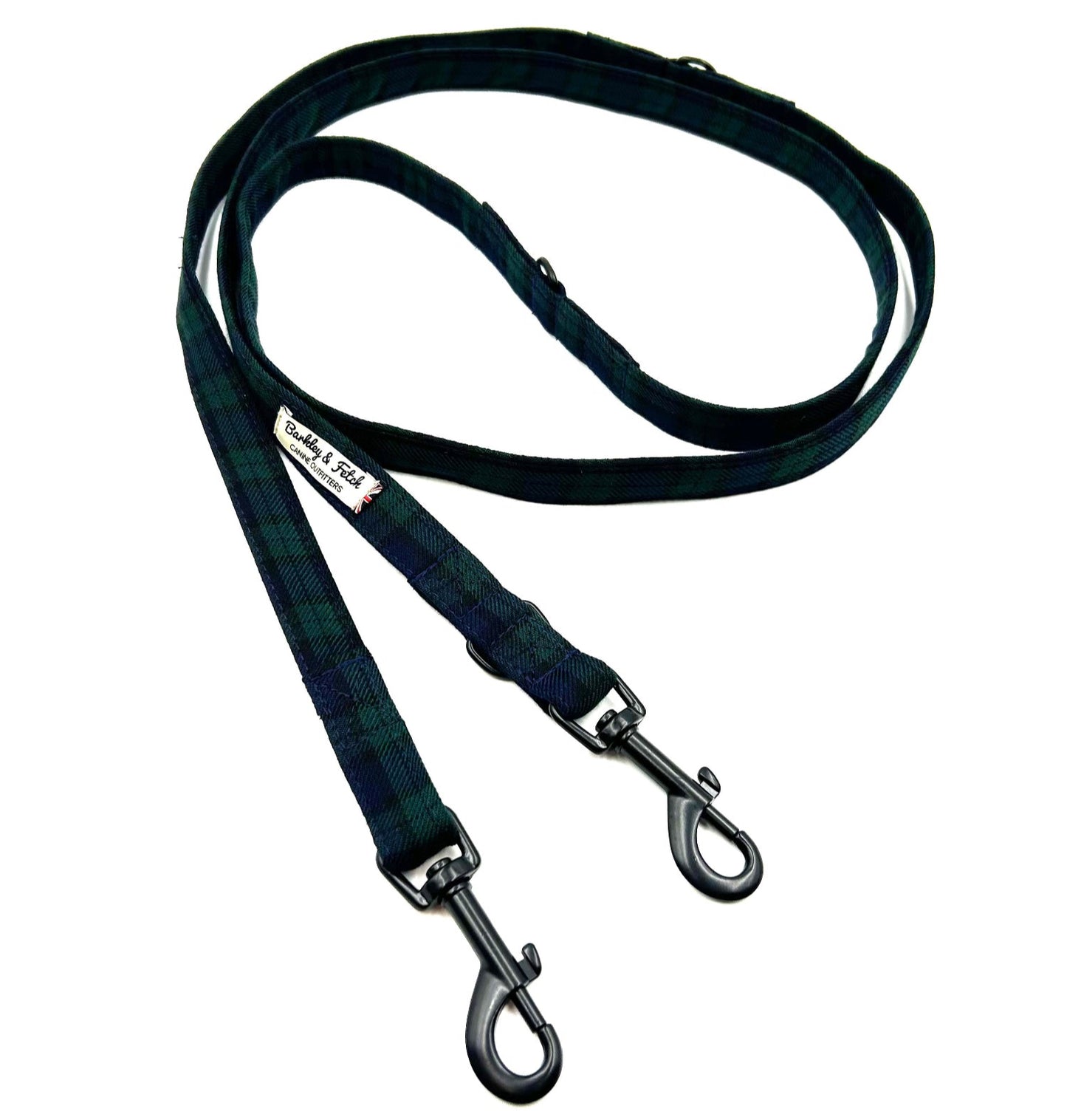 Stylish black watch blue and green tartan double ended dog training lead