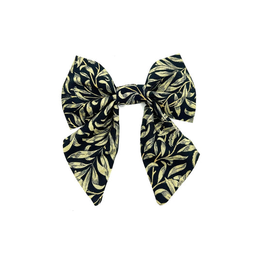 Handmade black willow print sailor bow made to attach to a dog collar handmade in uk by barkley and fetch