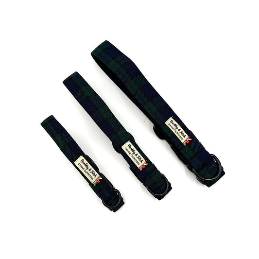 Three black tartan dog collars with visible brand labels on a white background handmade by barkley and fetch uk