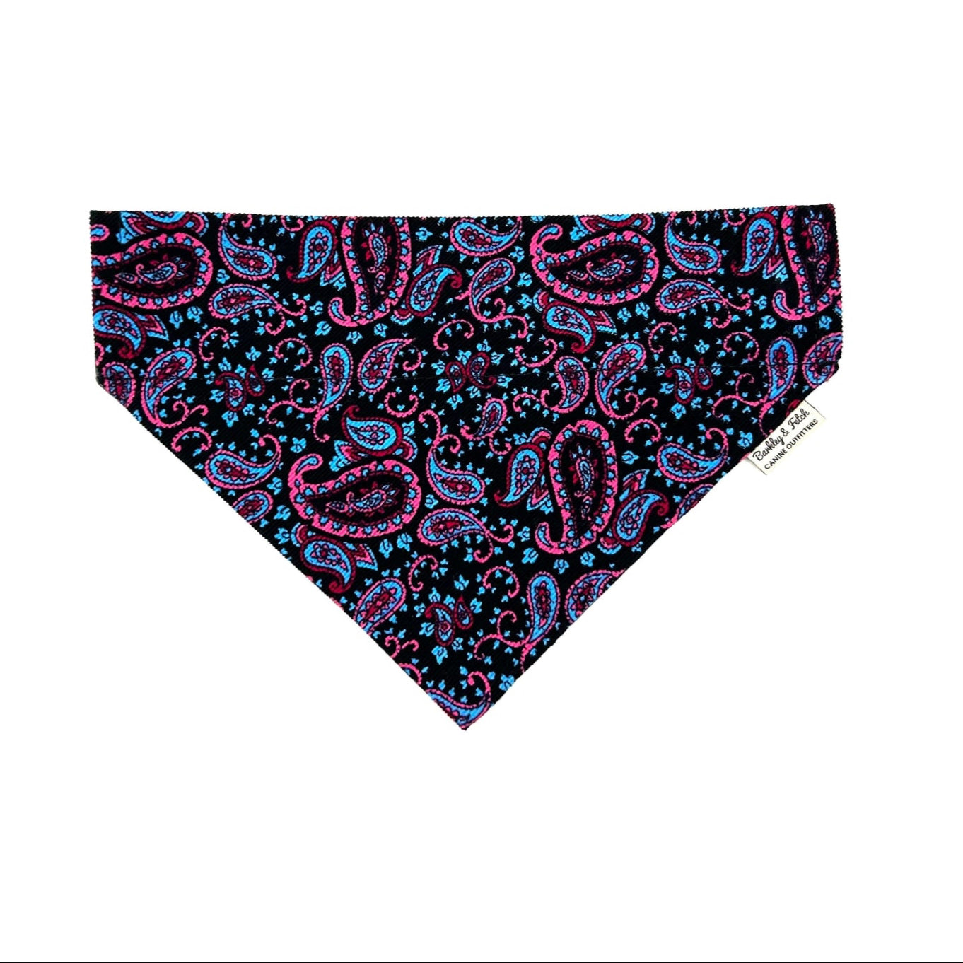 Handmade blue, pink and black paisley corduroy dog bandana that can through a collar