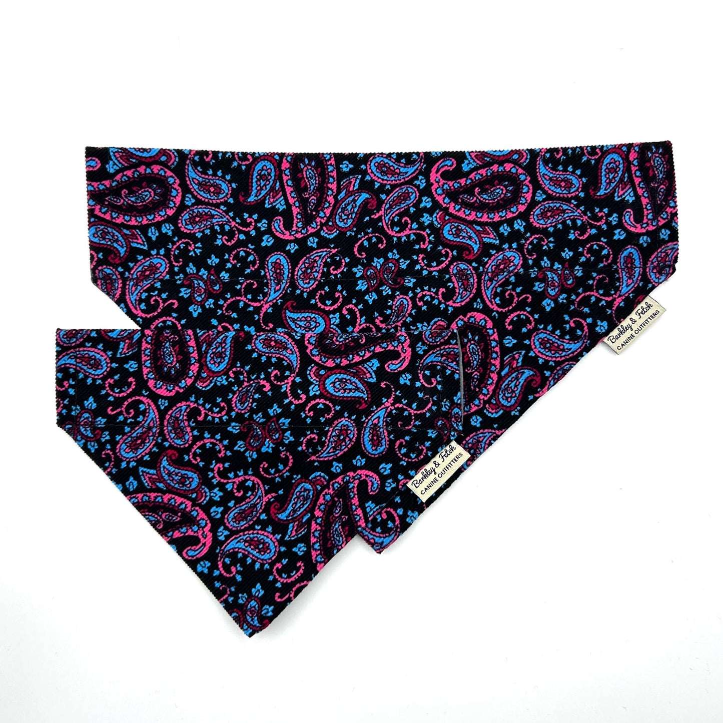 Paisley patterned bandana with pink and blue design on a white background