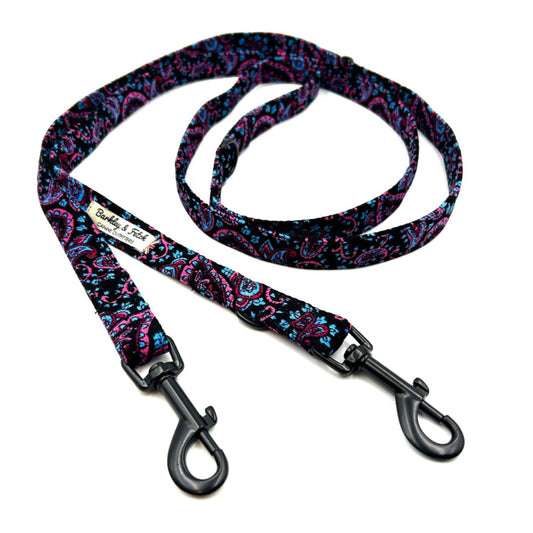 Luxury blue black and pink paisley corduroy double ended dog training lead British handmade by Barkley and Fetch