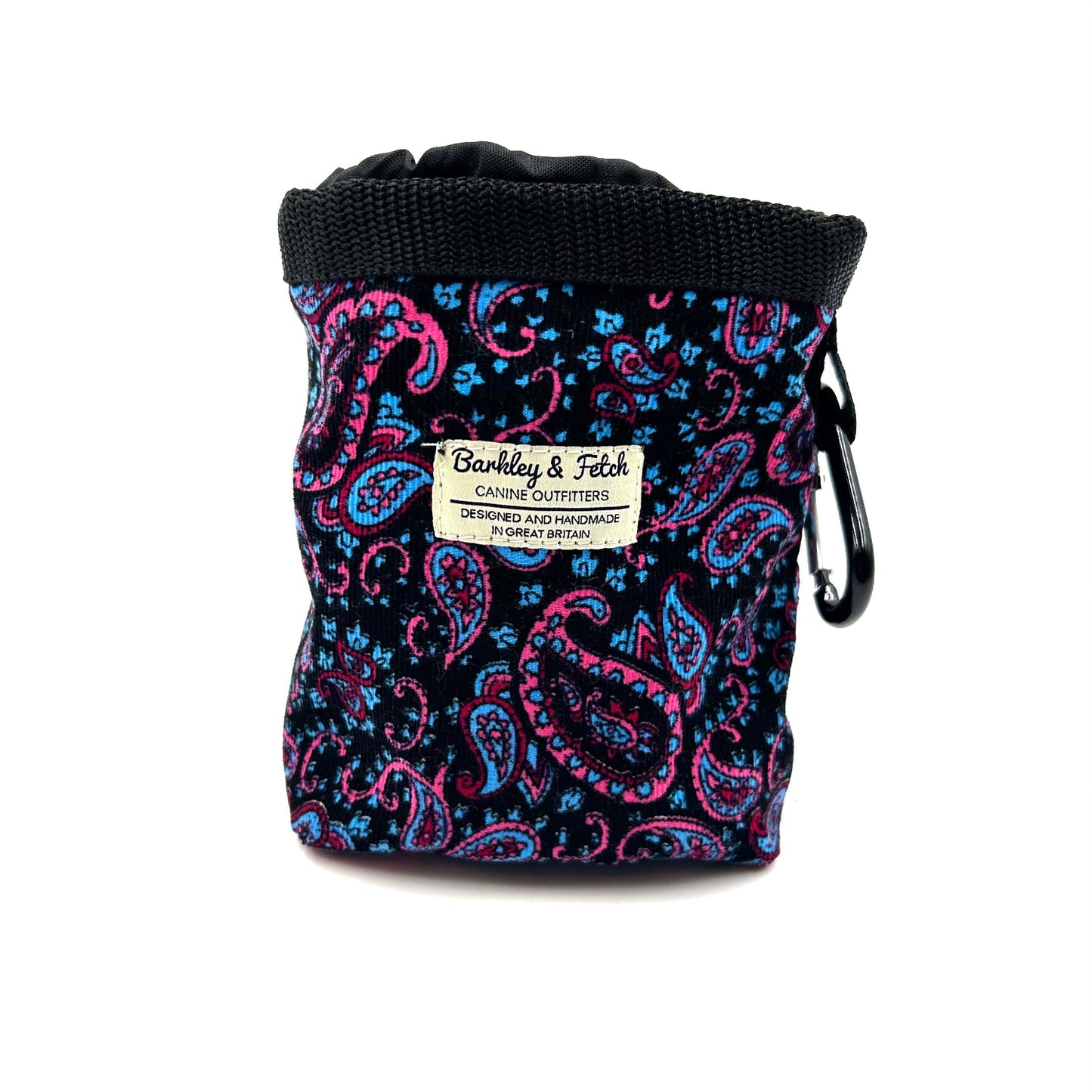 Handmade blue paisley corduroy treat bag with drawstring and attachable clip