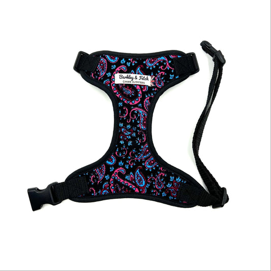 Beautifully made blue, black and pink paisley print corduroy dog soft harness with black trims