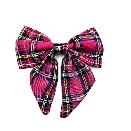 Beautiful handmade sailor bow in hot pink tartan fabric made to attach to a dog collar by Barkley and Fetch UK