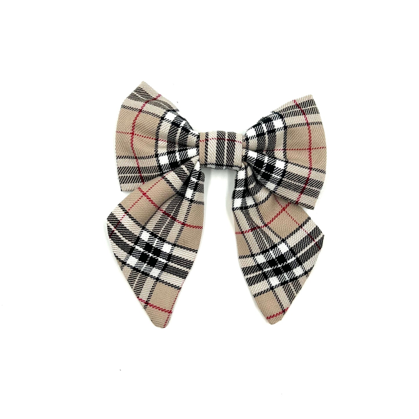 Stylish sailor bow in caramel tartan fabric made to attach to a dog collar