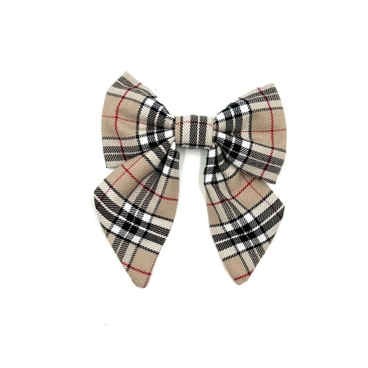 Stylish sailor bow in caramel tartan fabric made to attach to a dog collar handmade in uk by barkley and fetch