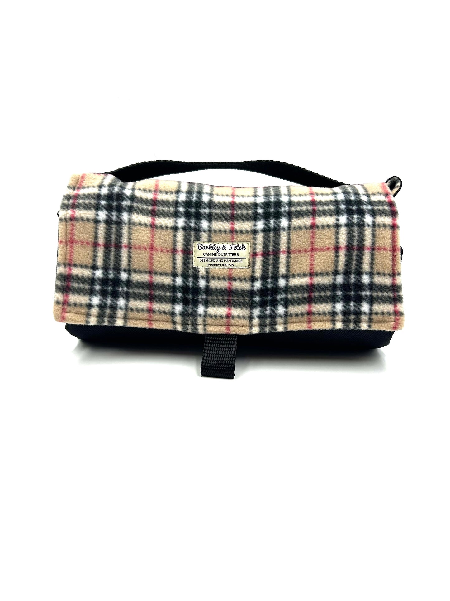 Handmade rolled up settle mat for dogs in a caramel tartan fleece fabric