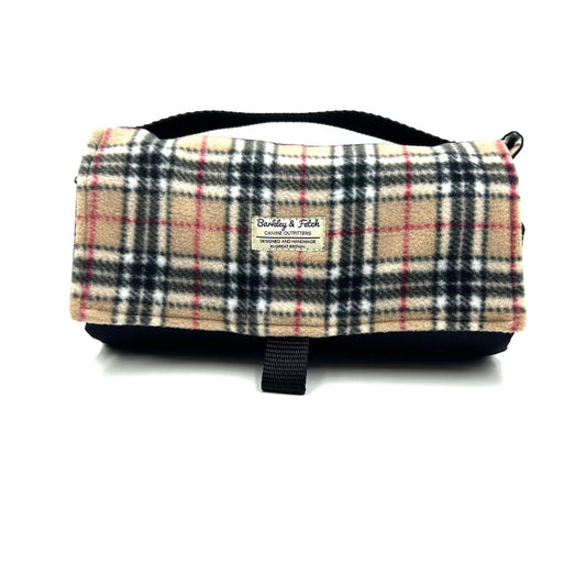 Handmade rolled up settle mat for dogs in a caramel tartan fleece fabric British handmade by Barkley and Fetch