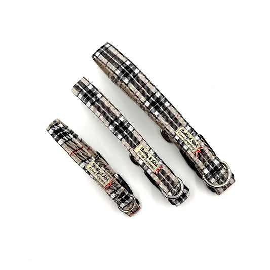 Three plaid-patterned dog collars on a white background handmade by barkley and fetch uk