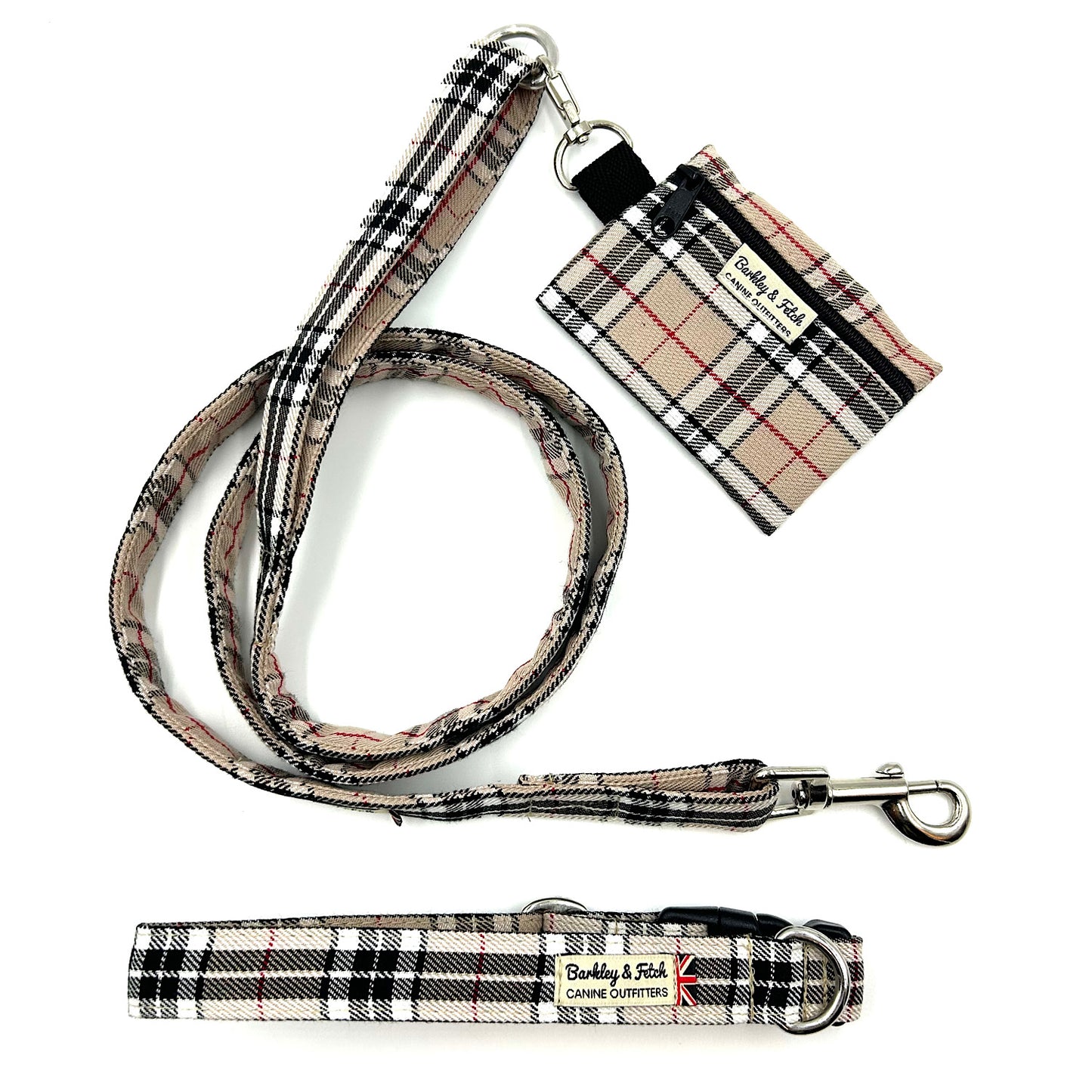 handmade Caramel tartan dog accessories including lead, collar and poo bag on a white background