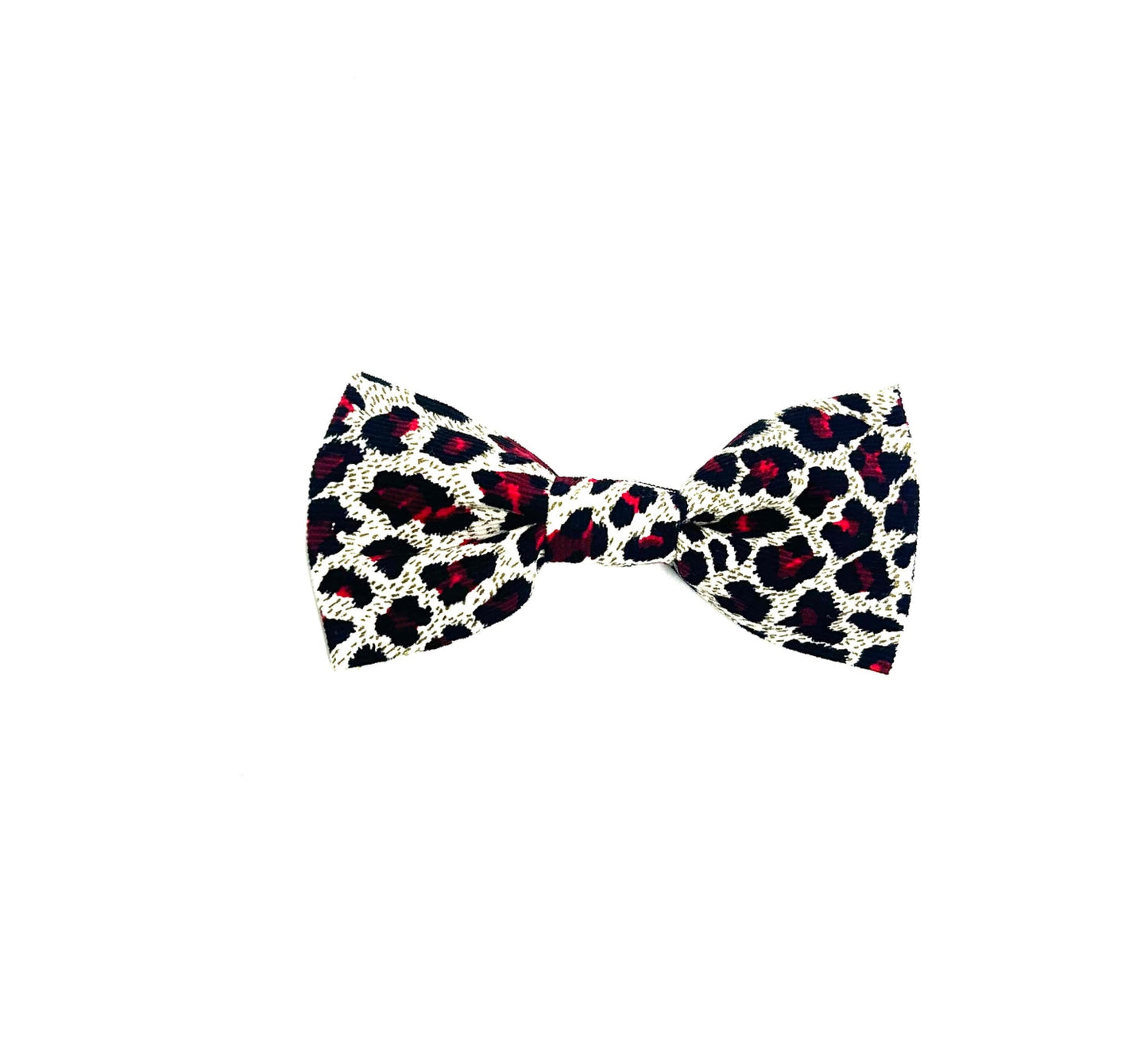 Stylish red white and black corduroy leopard print dog bowtie with elastic loops at the back to thread through a collar