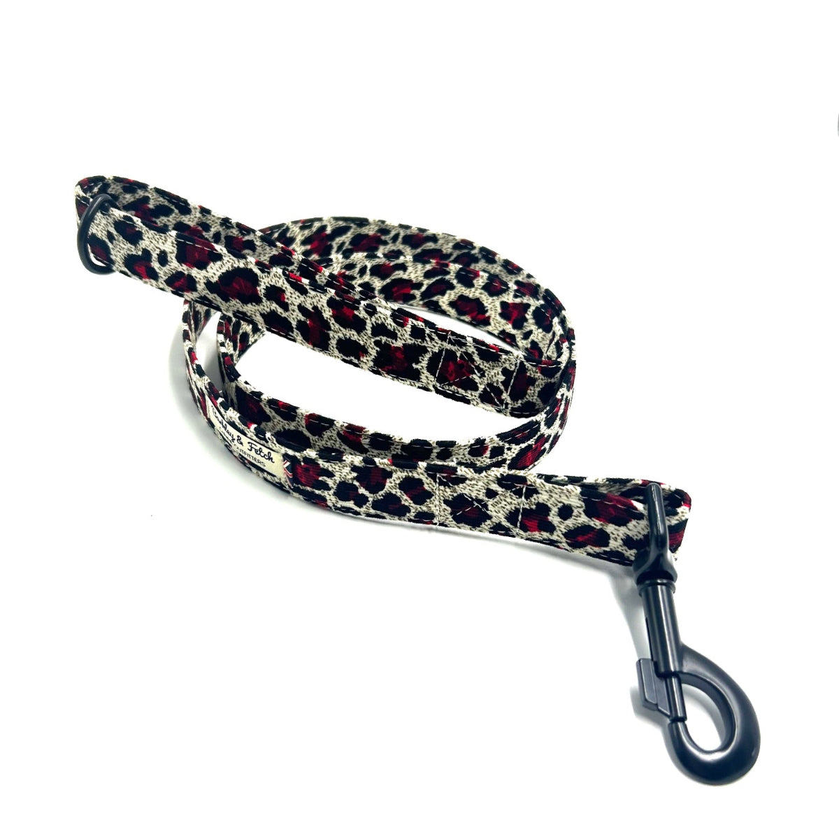 Luxury red white and black corduroy leopard print dog lead handmade by Barkley and Fetch UK