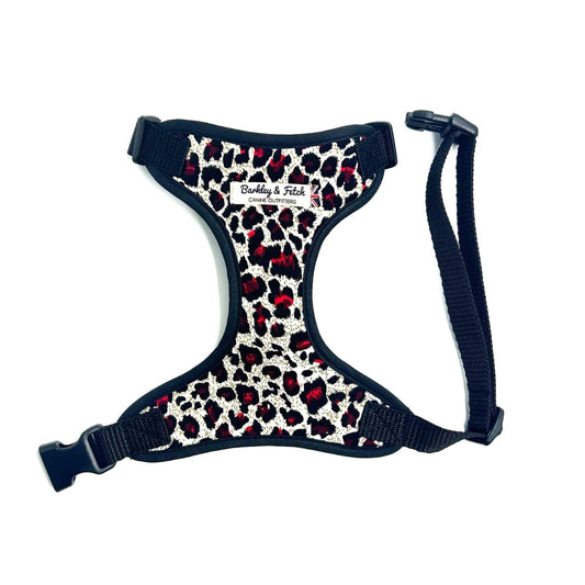 Handmade red white and black corduroy leopard print soft harness with black trims for dogs handmade by Barkley and Fetch UK