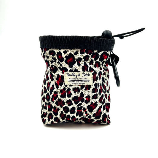 Luxury red black and white leopard print corduroy treat bag with drawstring and attachable clip handmade by Barkley and Fetch UK