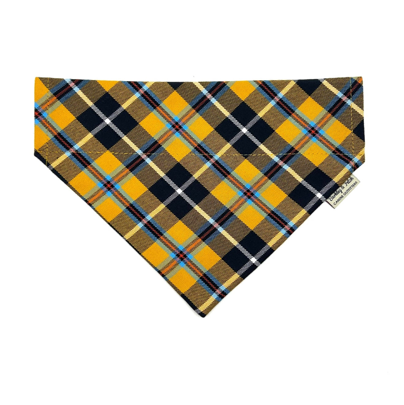 Beautifully made yellow Cornish tartan dog bandana that can thread through a collar