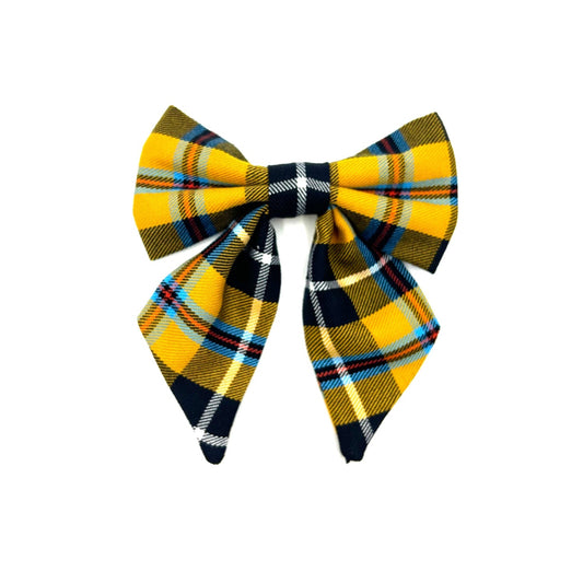 Stylish sailor bow in yellow Cornish tartan fabric made to attach to a dog collar handmade in uk by barkley and fetch