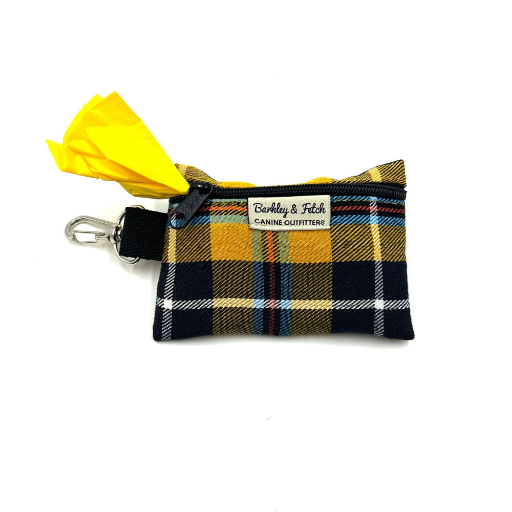 Handmade yellow Cornish tartan poo bag holder with attachable clip handmade in uk by barkley and fetch