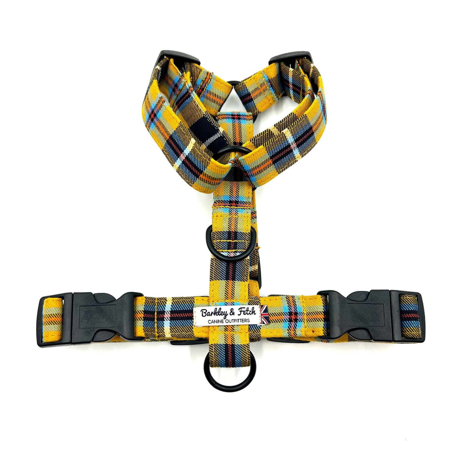 Stylish yellow Cornish tartan strap harness for dogs