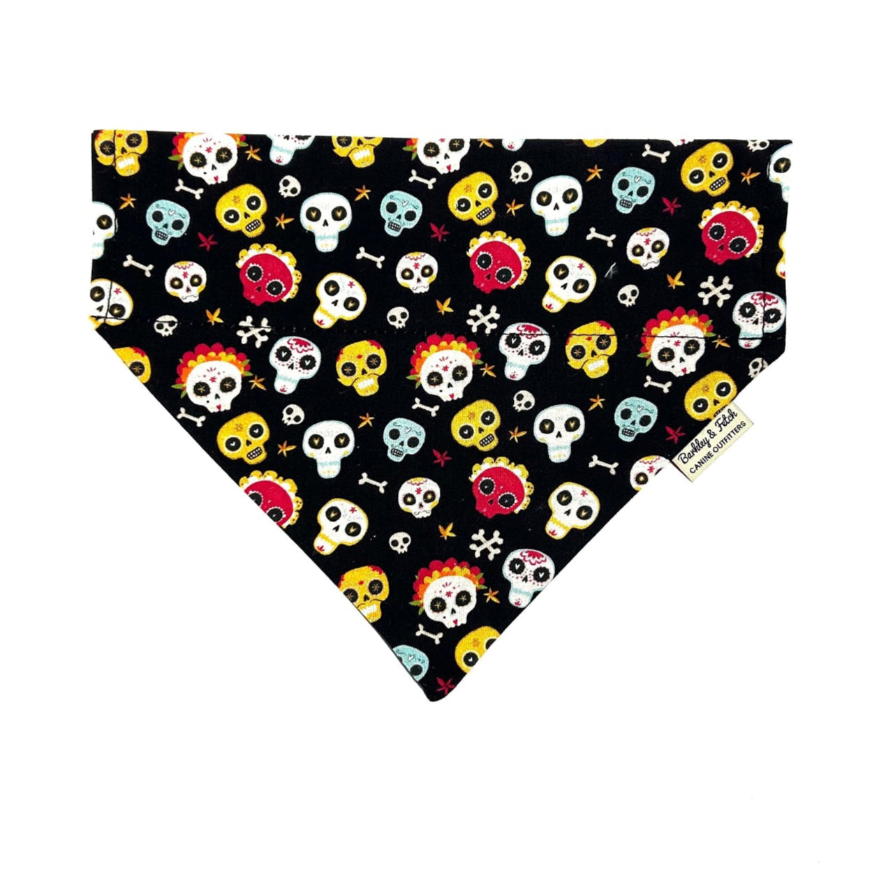 Beautiful handmade black Day of the Dead colourful skull print dog bandana that can thread through a collar