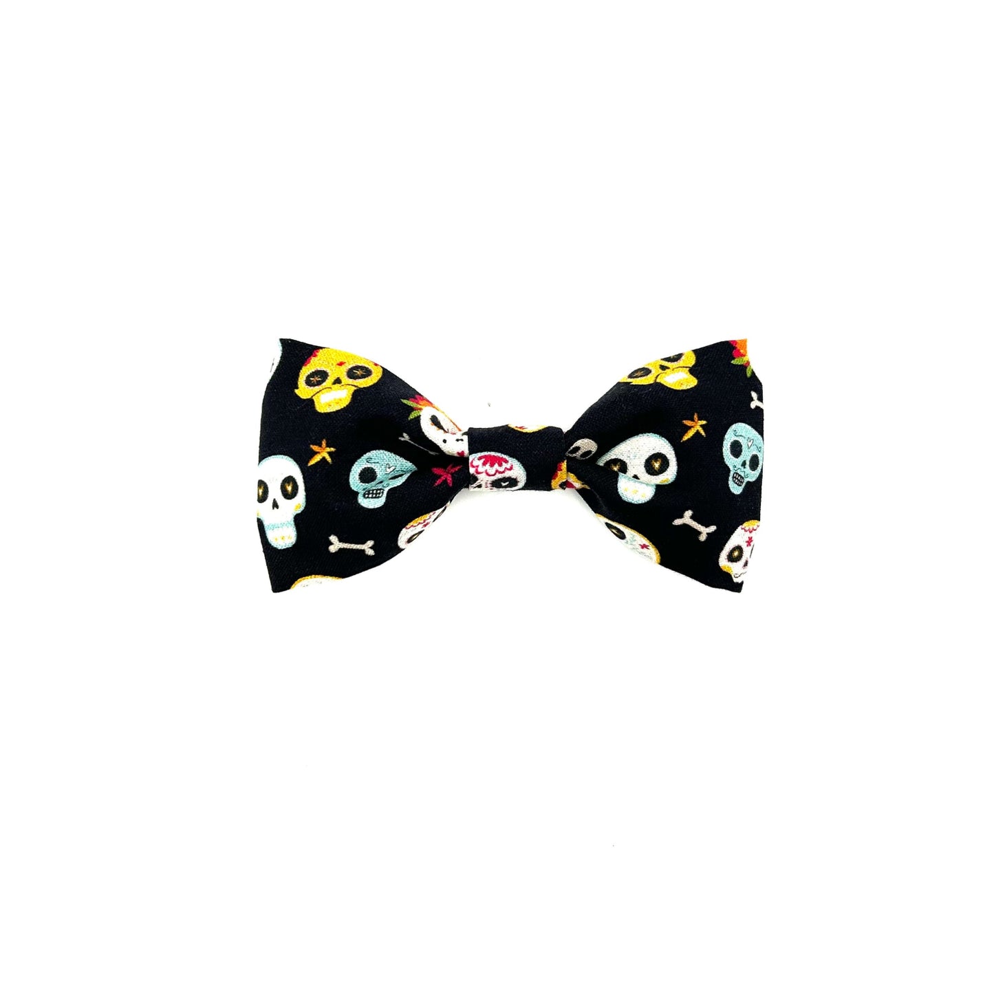 Stylish black Day of the Dead colourful skull print dog bowtie with elastic loops at the back to thread through a collar