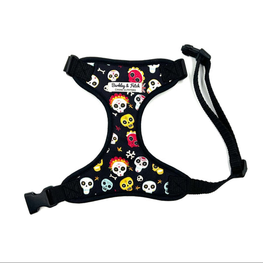 Beautifully made black Day of the Dead print soft harness with colourful skulls and black trims for dogs