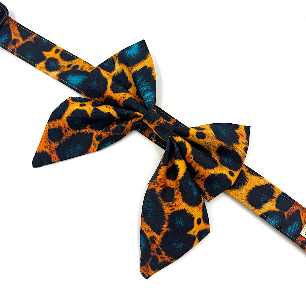 Leopard print bow tie on a white background. Handmade by Barkley and Fetch UK