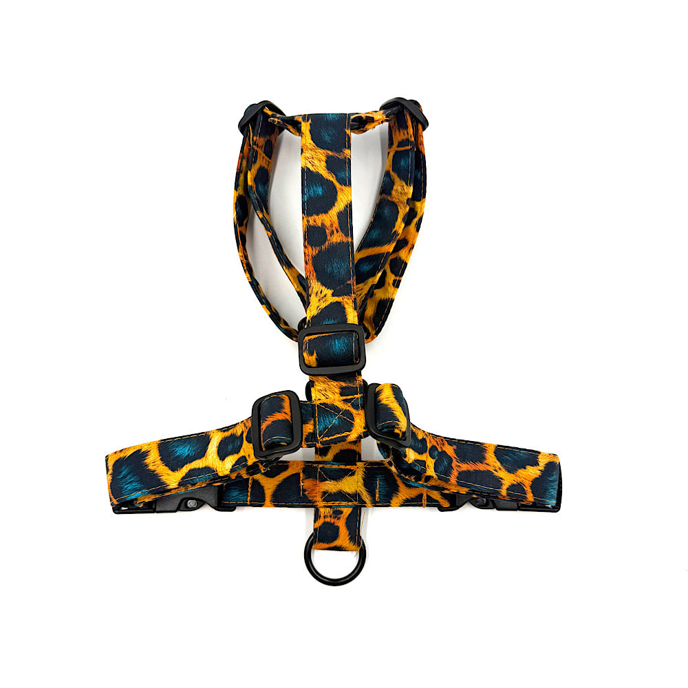 Leopard print dog harness on a white background. Handmade in UK by Barkley and Fetch
