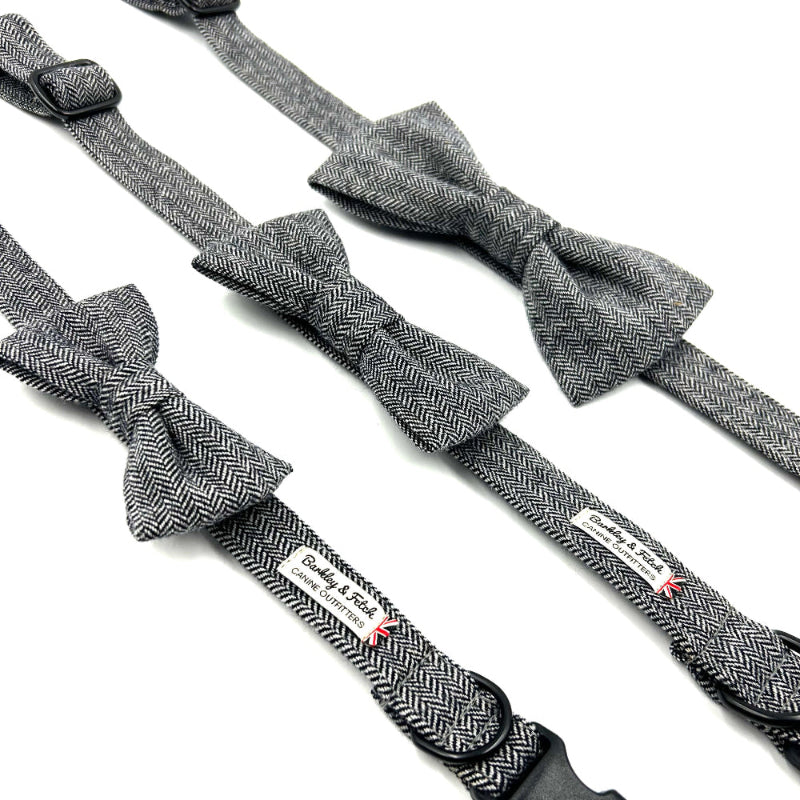 Grey herringbone bow ties and dog collars with a brand label on a white background. Handmade in the UK by Barkley and Fetch