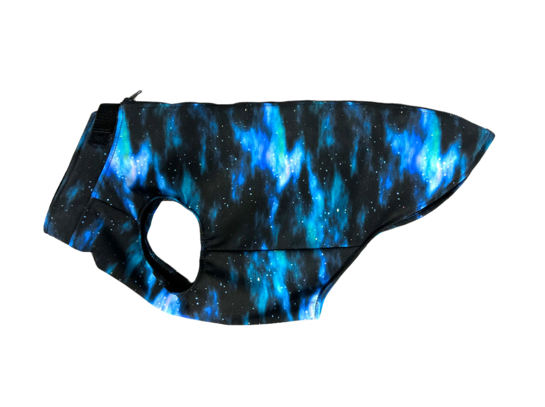 Galaxy print softshell dog coat handmade side view