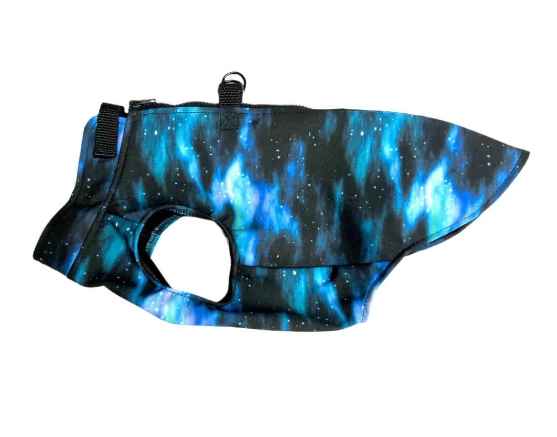 Galaxy print softshell dog coat handmade with zip up back and d-rings to attach lead