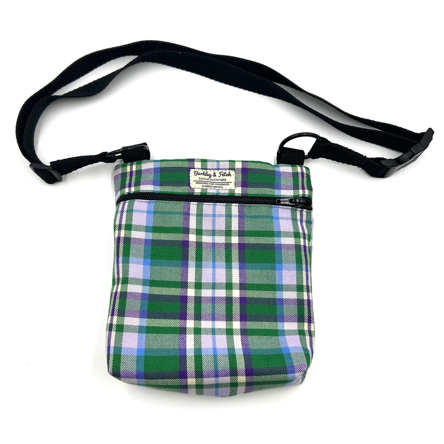 Handy shoulder bag made from green and purple tartan fabric for walking your dog with.