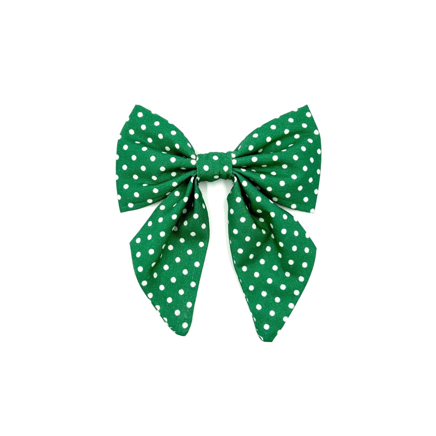 Pretty sailor bow in green fabric with white polka dots made to attach to a dog collar handmade by barkley and fetch uk