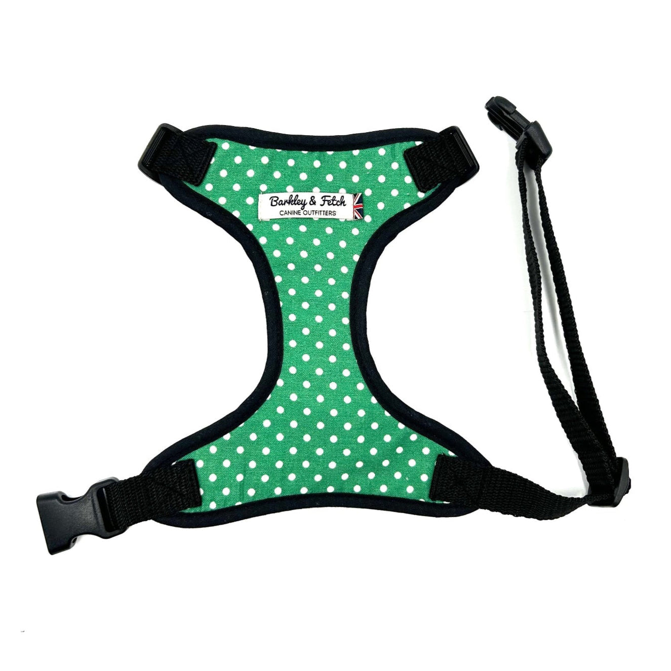 Handmade green with white polka dot print dog soft harness with black trims
