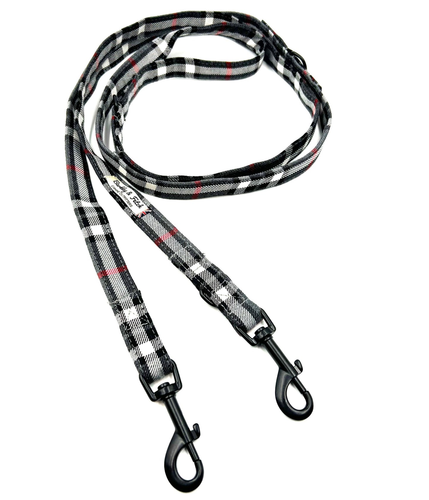 Stylish grey and white tartan double ended dog training lead
