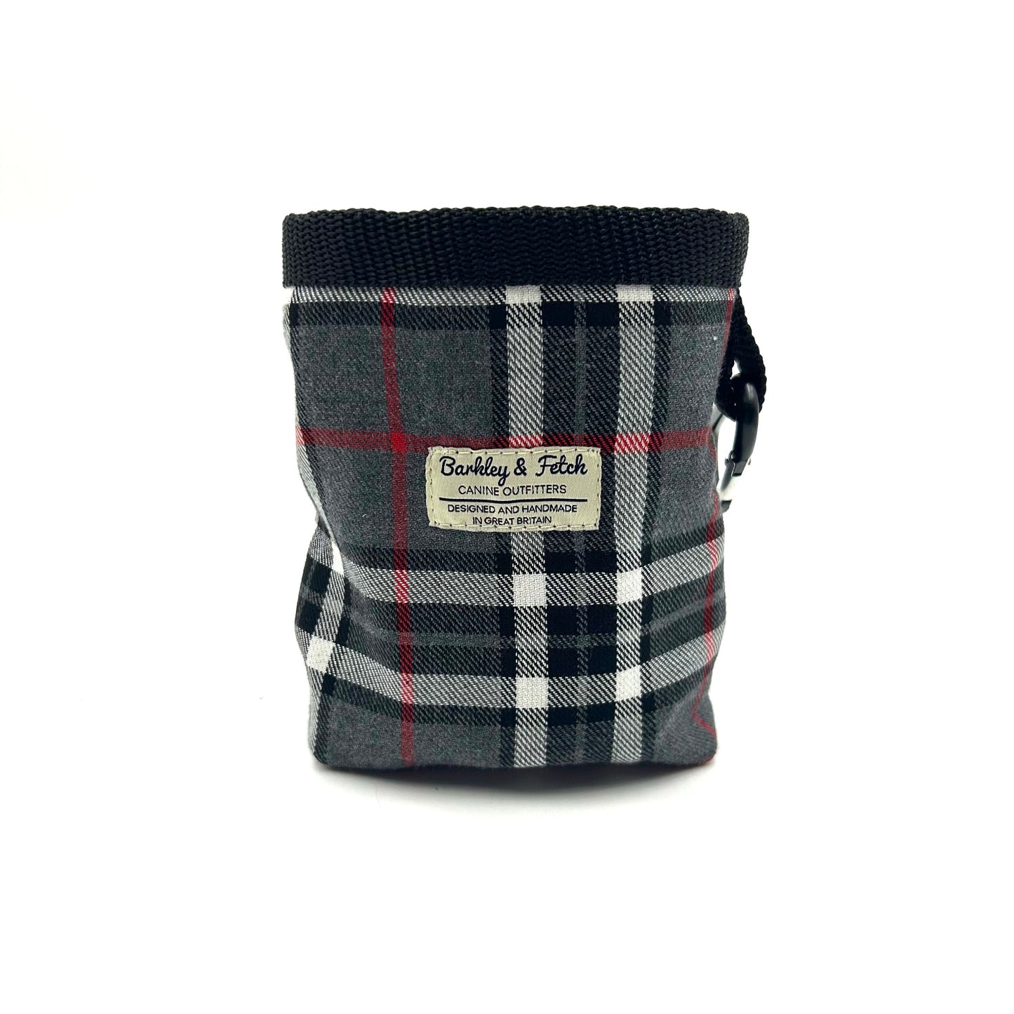 Stylish grey and white tartan treat bag with drawstring and attachable clip