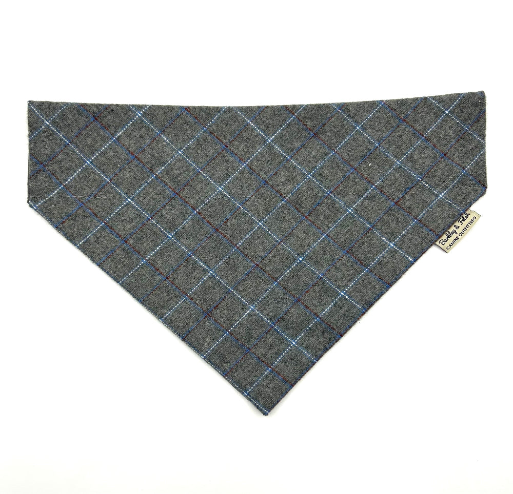 Gray checkered bandana with a brand tag on a white background