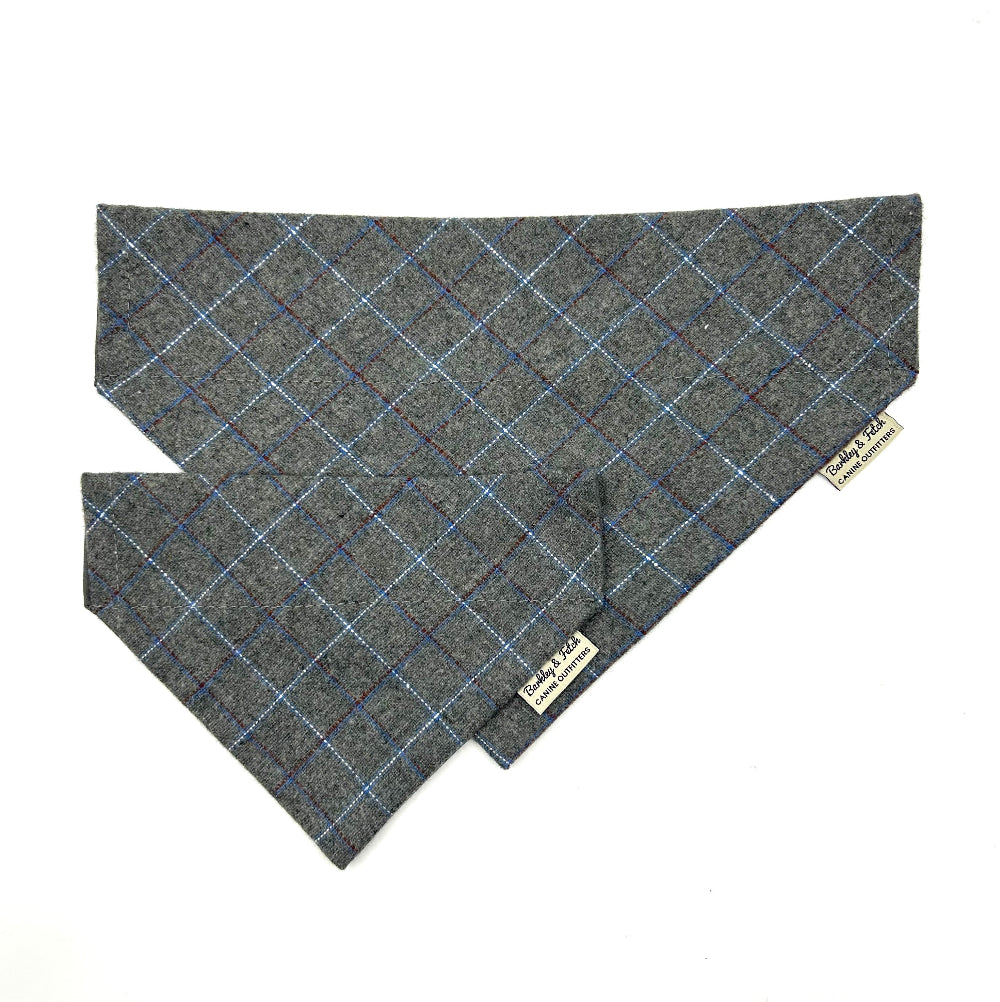 Gray checkered bandana with a brand tag on a white background