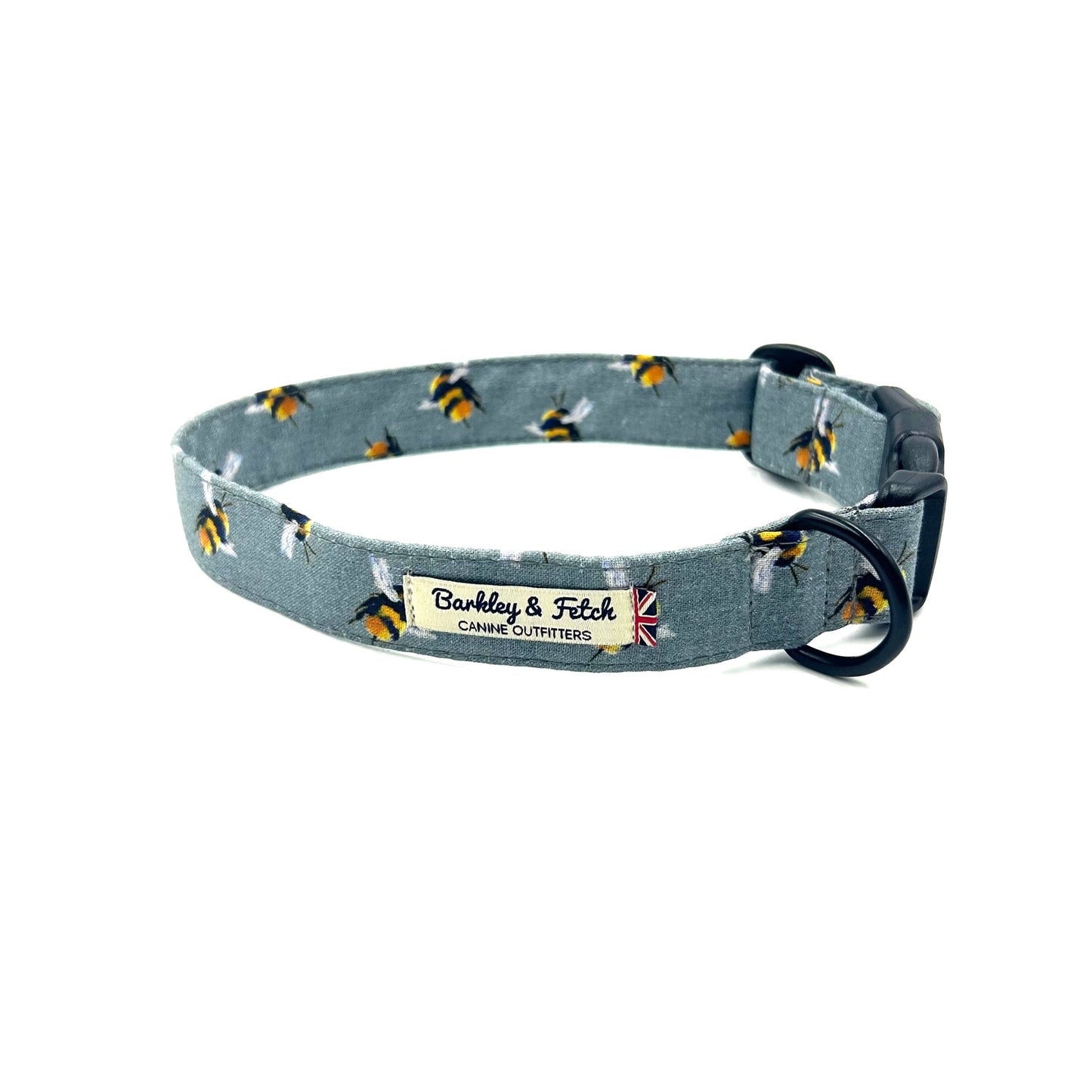 Grey bee print dog collar on white background
