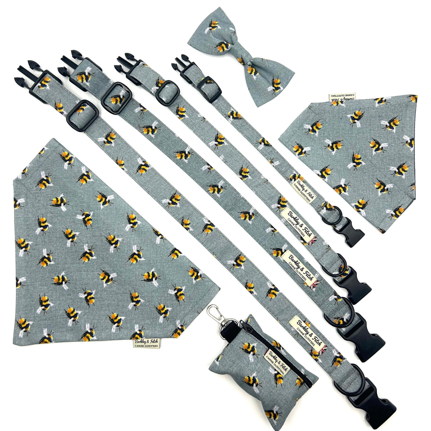 handmade Grey bee print dog collars and matching accessoriesGrey bee print dog collars and matching accessories on white background