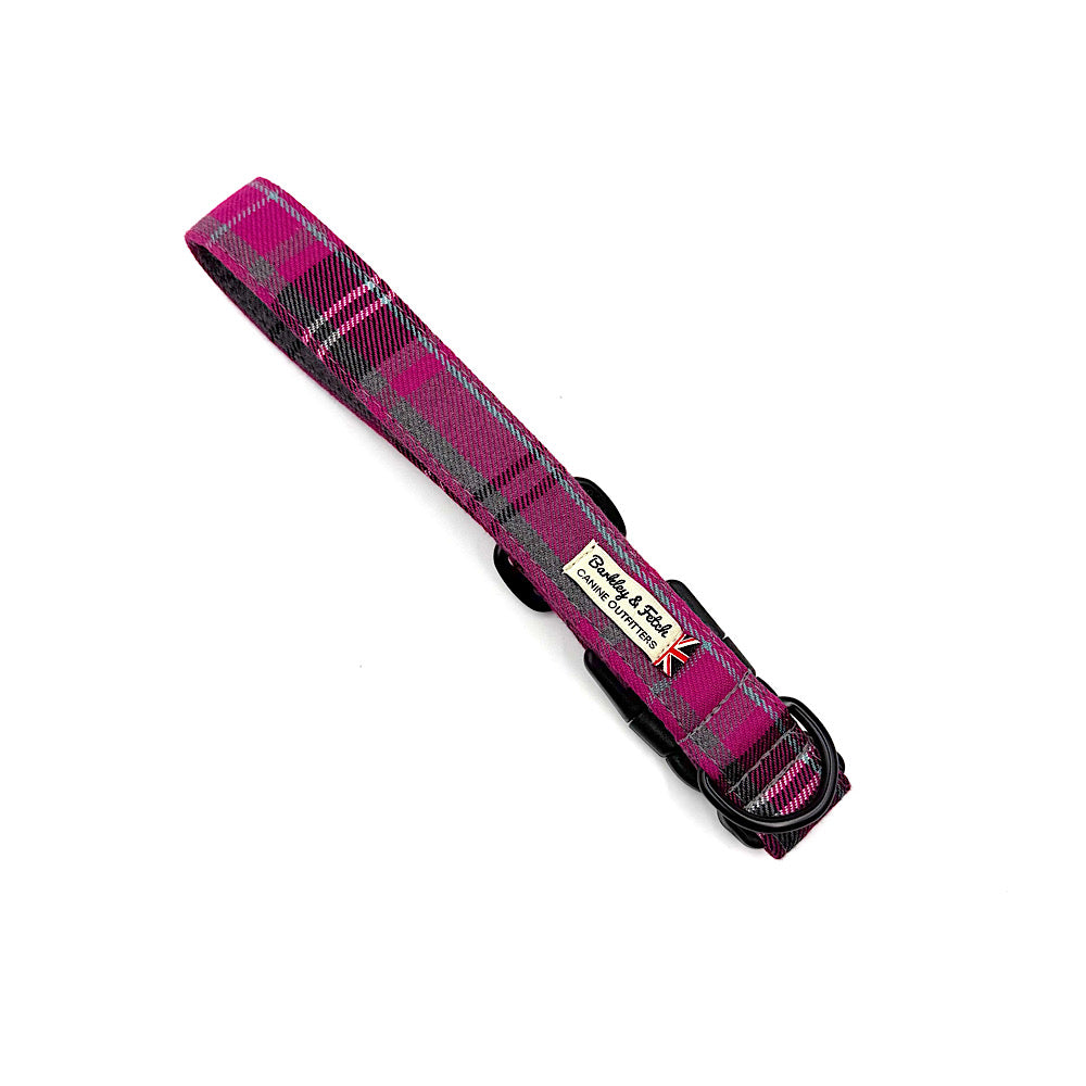 Pink and gray plaid dog collar with a brand label on a white background handmade by barkley and fetch uk