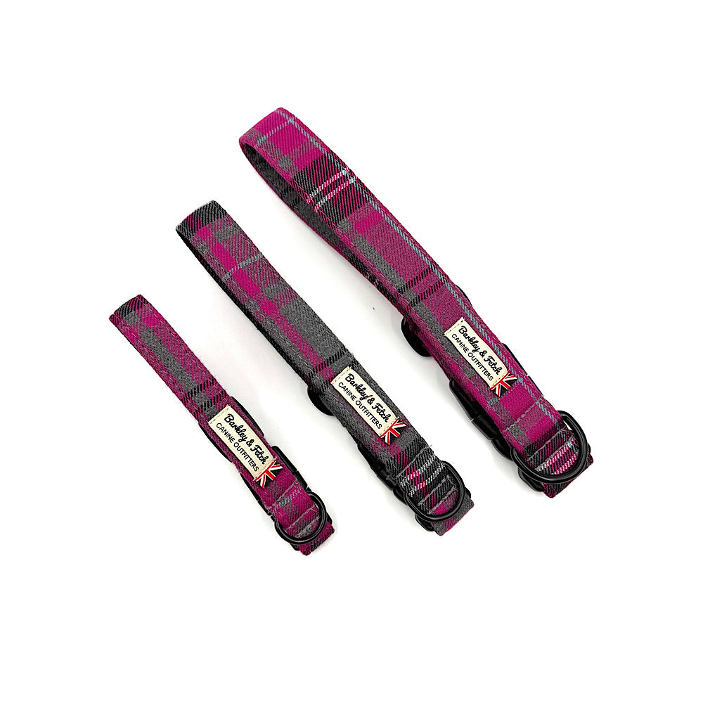 Three tartan-patterned dog collars on a white background handmade by barkley and fetch uk