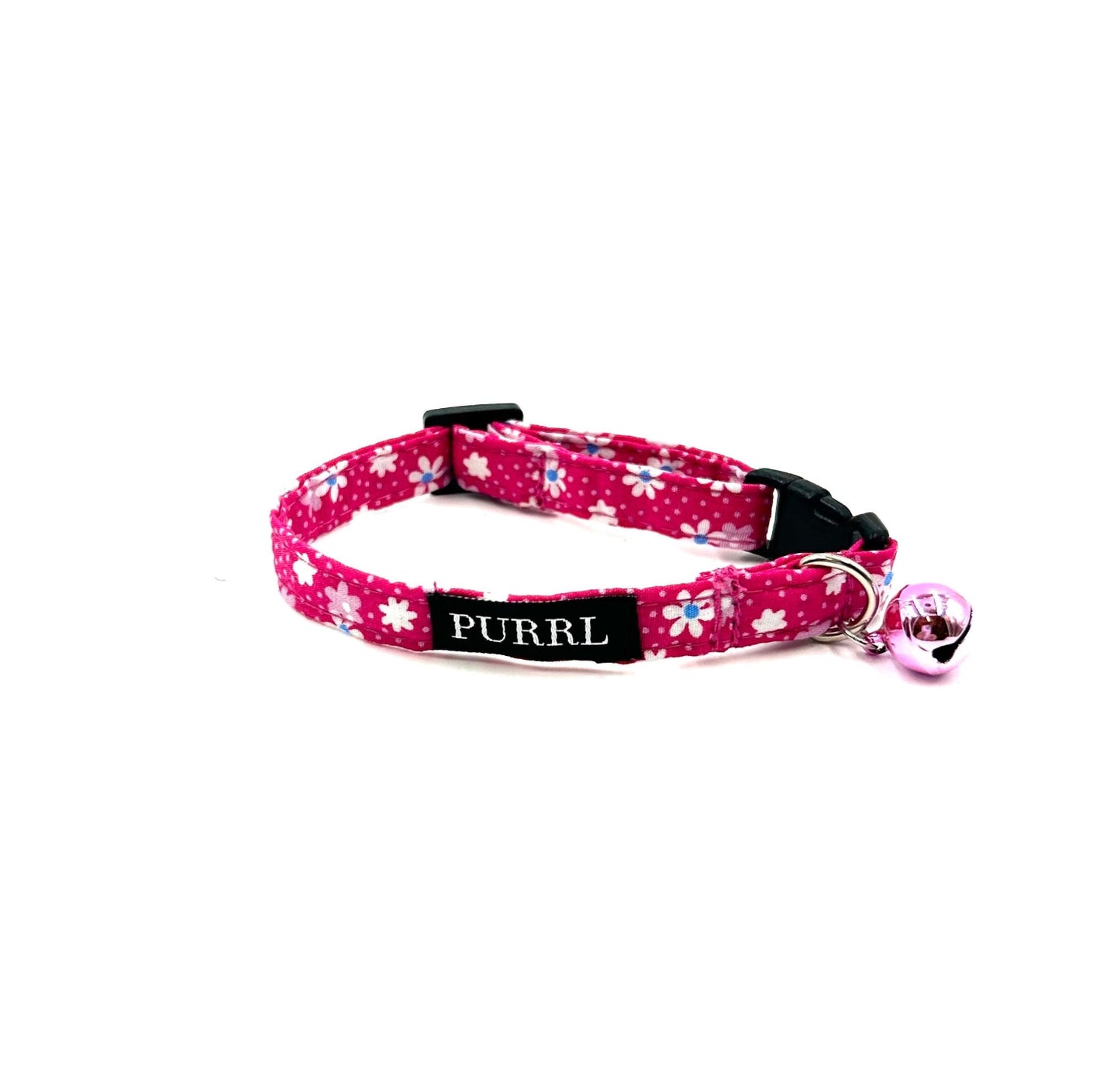 Cute set for cats including a collar, bowtie and bandana in hot pink and white floral print. Collar has a bell and bandana and bowtie can thread through a collar